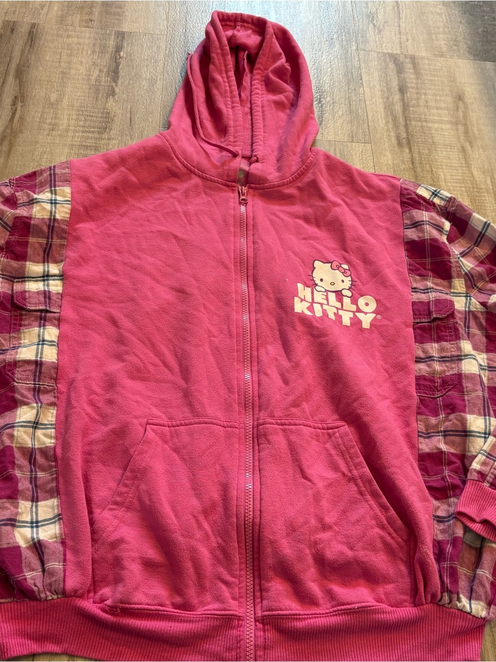 Hello Kitty Flannel Pink Hooded Zip-Up Sweatshirt Medium